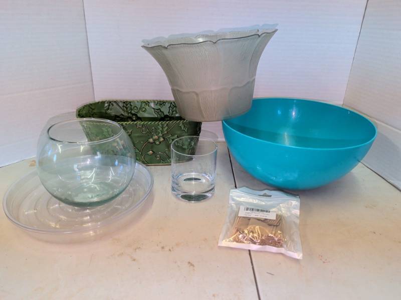 lot 3215 image: Assorted Lot Glass Bowl, Teal Bowl, Green Holly Planter, Tumbler, Clear Saucers