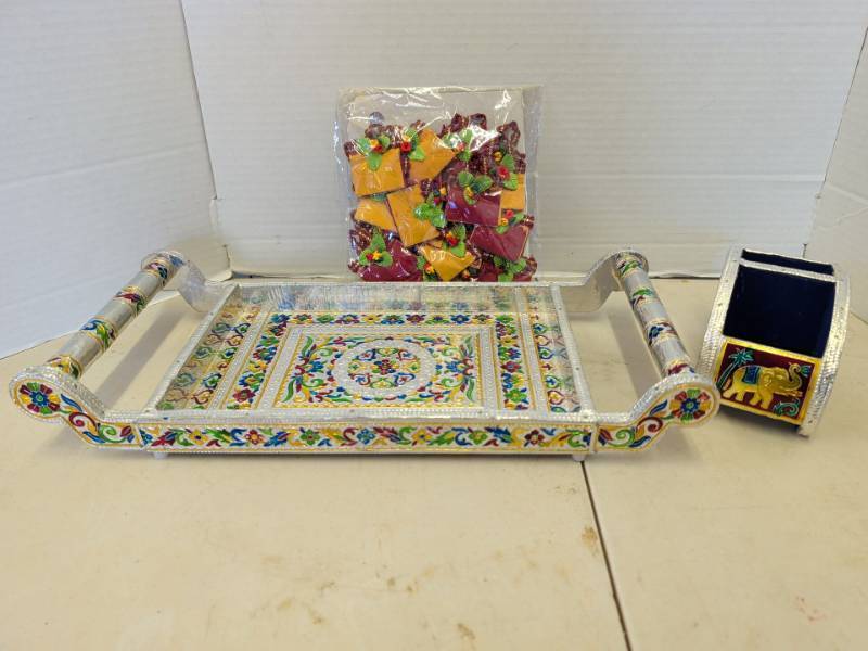 lot 3217 image: Meenakari decorative Indian silver-foil snack tray and organizer
