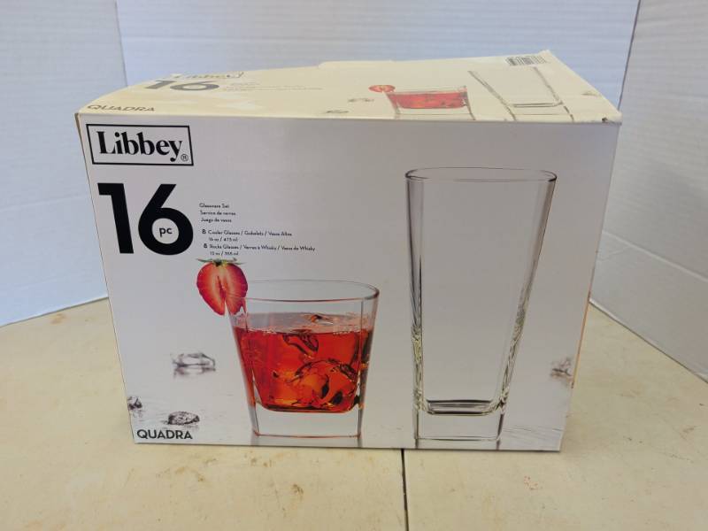 lot 3309 image: Libbey Glassware Set 16 Pc Quadra 8 Cooler 16 oz 8 Rocks 12 oz