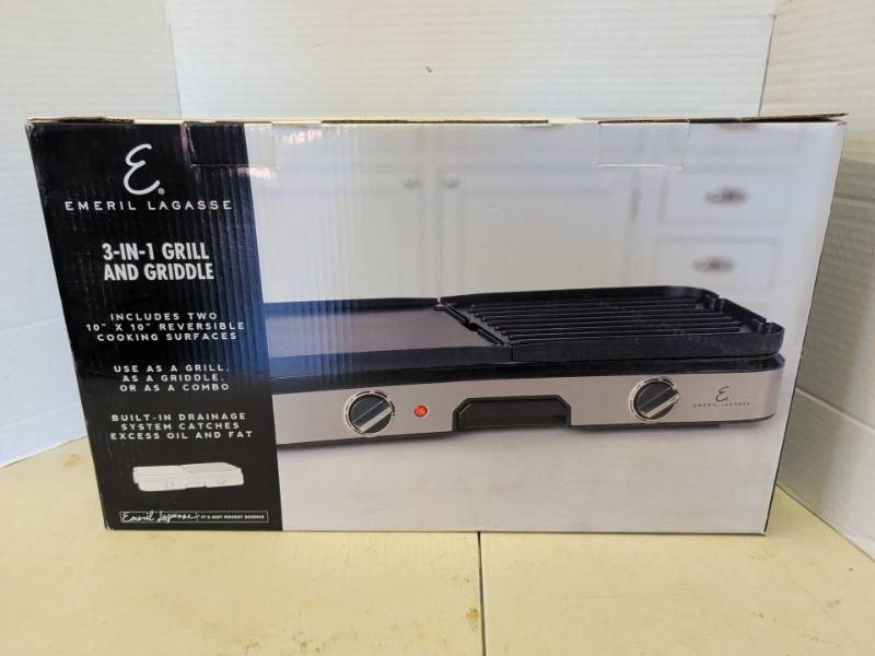 lot 3316 image: Emeril Lagasse 3-in-1 Grill and Griddle 10 x 10 Reversible Cooking Surfaces appears new