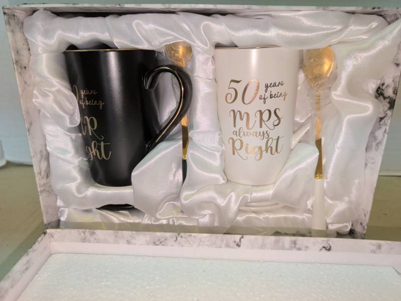 lot 3323 image: 50 Years Mr and Mrs Mug Set with Spoons 2 Count