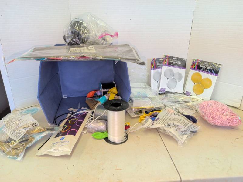 lot 3327 image: Party Supply Lot Foil Sphere Balloons 3 Count Silver Gold Ribbon Spools and more