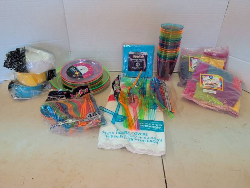 lot 3328 image: Party Essentials Brights Neon Party Supplies Lot Plates Cups Cutlery Napkins