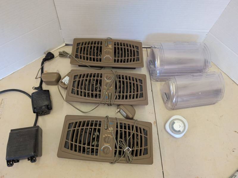 lot 3332 image: Heat Register Fan Units Set of 3 with Power Adapters and Clear air vent diverters