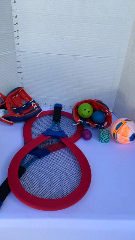 lot 3410 image: Air Tech Paddle Ball and Catch Glove Set with 2 Paddles 2 Gloves and Balls