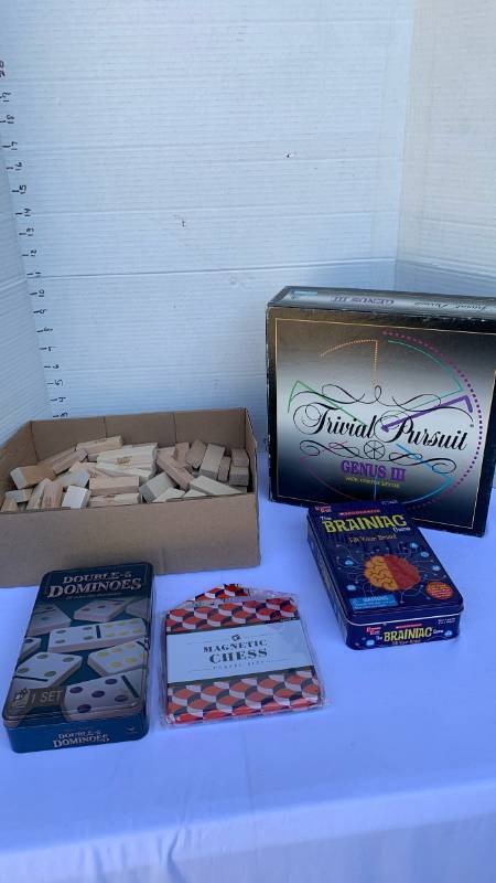 lot 3418 image: Board Game Lot Trivial Pursuit Genus III, Jenga, Brainiac, Double-6 Dominoes