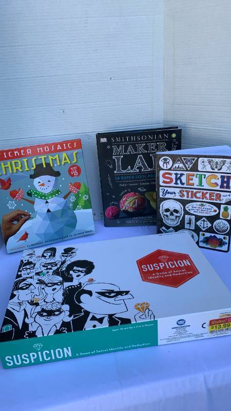 lot 3419 image: Lot of 4 Suspicion Game, Sticker Mosaics Christmas, Maker Lab, Sketch Your Sticker
