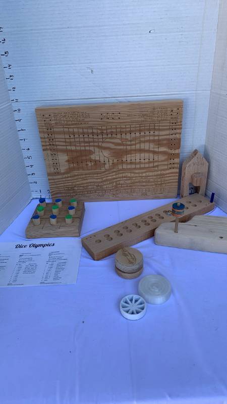 lot 3429 image: Dice Olympics Wooden Game Board Set with Rules Sheet and Assorted Game Pieces and more