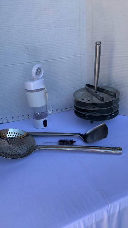 lot 3433 image: Kitchen Lot Hydrogen Water Bottle, Perforated Skimmer, Turner, vintage Tiered Steamer Rack