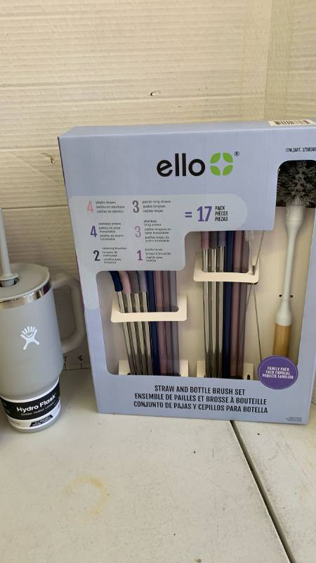 lot 3453 image: ello 17 Pack Straw and Bottle Brush Set and Hydroflask travel cup