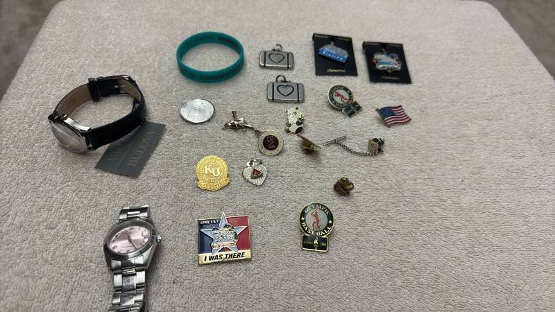 lot 1536 image: Kenneth Cole and Bulova watches with Assorted Pins, Charms and Bracelet