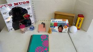 lot 3459 image: Miscellaneous lot, including kids face masks, seashells, a pug calendar, notebooks, and more