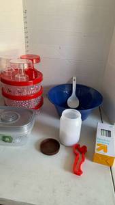 lot 3608 image: Dessert, containers, plastic straws, and plastic serving bowl and cupcake stands