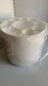 lot 3611 image: White 7-Compartment Serving Plates Stack Wrapped in Clear Plastic