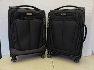 lot 3718 image: Samsonite Spinner Luggage Lot of 2 Black Fabric Suitcases each 24x14x10