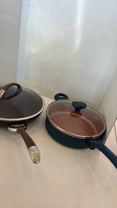 lot 3721 image: Circulon and IKO frying pans with lids
