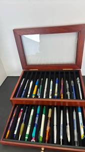 lot 4104 image: Pen Display Case with Glass Top, Two-Tier Compartments and Front Drawer