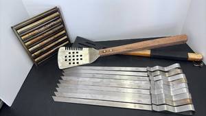 lot 4106 image: Grill Tool Lot with 9 Flat Metal Skewers Marked SR, Spatula and more