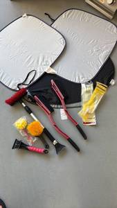 lot 4128 image: Assorted Lot of Auto Sunshades, Snow Brushes, Ice Scrapers and Tank Lever