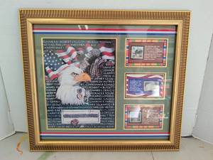 lot 4206 image: Framed Vietnam War Stamp Display with Eagle and Flag Artwork 16x18