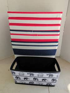 lot 4212 image: Lot of 7 Fabric Storage Bins, Striped RedNavy totes, 10x15x10 and smaller Elephant Print
