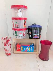 lot 4216 image: Holiday Storage Container Lot with Dunkin Bucket, Ziploc Slider Box, Glass Vases
