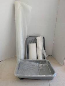 lot 4227 image: Gray Paint Tray Lot with Clear Plastic Liners and Roll of Clear Plastic Sheeting