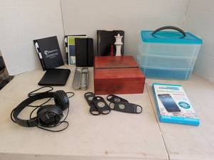 lot 4244 image: Assorted Lot Sony Headphones, Perdomo Cigar Box, Cigar Cutters, Notebooks, Wallet and more