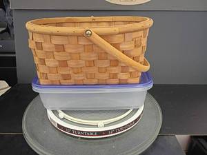 lot 4329 image: Wicker Basket, Microwave Plates, size 16.5in diameter with 12in Turntable and More