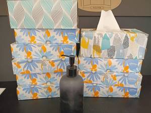 lot 4335 image: New Kleenex Boxes.   Couple are opened.   Plus hand sanitizer