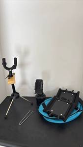lot 4410 image: Fretres Wood Base Tripod Stand, Cellet Cup Holder Phone Mount, Tablet Holders