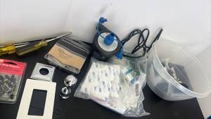lot 4414 image: Assorted Hardware Lot with Gardner Bender Bell Wire Staples, 3M 9448A Tape, Screwdrivers