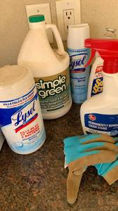 lot 5007 image: Cleaning Supplies Lot Lysol Wipes and Spray, Simple Green, Soft Scrub, Hoover Oxy