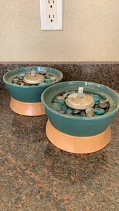 lot 5011 image: 2 Teal and Terracotta Tone Bowl Tabletop Burners with Glass Stones