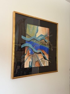 lot 1 image: Framed signed abstract art titled Volcano &amp Window artwork with custom color 62 x 62 inches