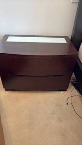 lot 22 image: Two-Drawer Nightstand Chest with Frosted Glass Top Inset, Dark Brown Finish 22 x 31.5 x 20