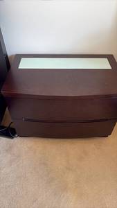 lot 23 image: Two-Drawer Nightstand Chest with Frosted Glass Top Inset, Dark Brown Finish 22 x 31.5 x 20