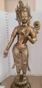 lot 1014 image: Large brass standing Tara statue, Indian or Himalayan goddess, 29.5in tall