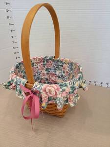 lot 1062 image: Longaberger Handwoven Basket with Fabric and Plastic Liners and Ribbon Ties, 13in tall