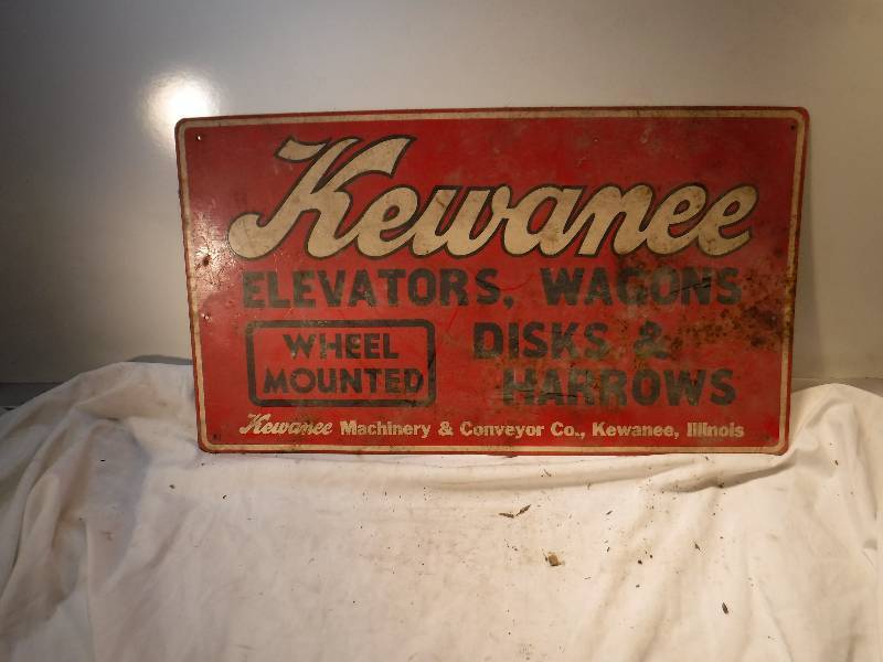lot 1122 image: Kewanee Disk and harrows metal sign MAN CAVE DECOR