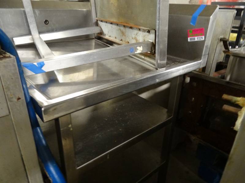 lot 9329 image: Stainless Steel Work Table with 2 Shelves and Corner Backsplash
