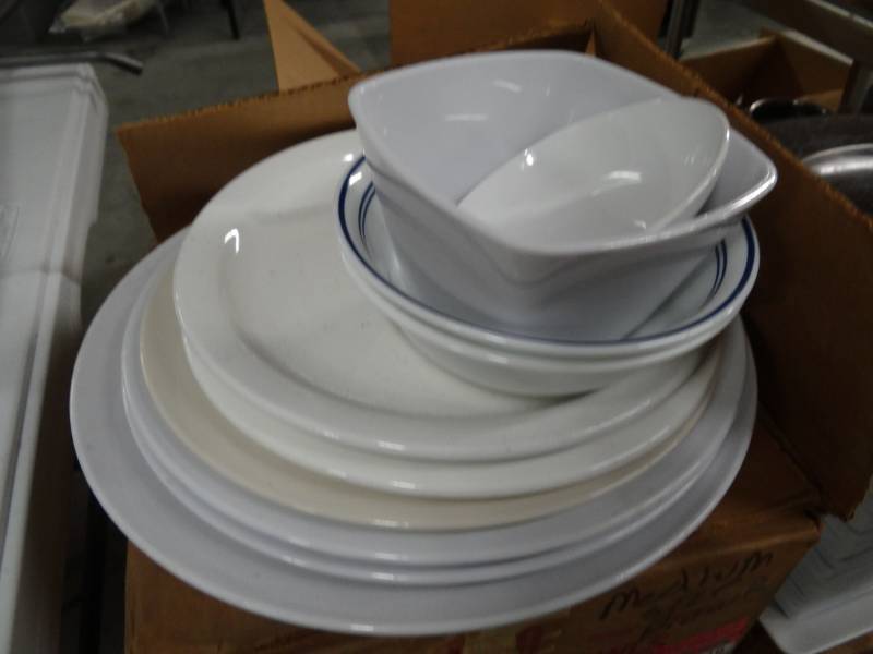 lot 9349 image: Multiple Boxes of Pyroceram Tableware, Bowls, Plates, 3 Plastic Silver Charger Plates