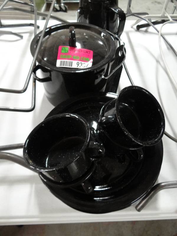 lot 9337 image: Black Metal Camping Set, Kettle, Stock Pot, Coffee Cups, Plates
