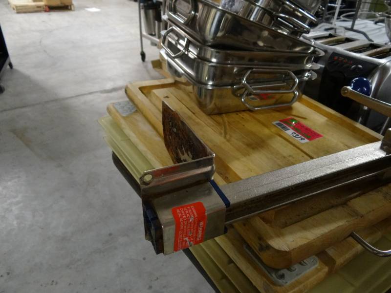 lot 9379 image: Metal Serving Pans, Stack of Cutting Boards, Commercial Can Opener