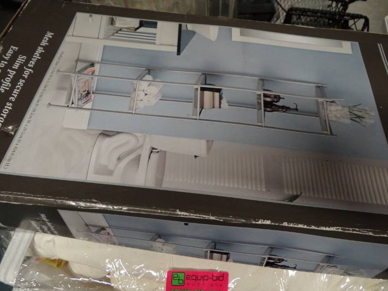 lot 9374 image: Metal Bathroom Shelves with 5 Shelves in Box, Bag of Linen Tablecloths
