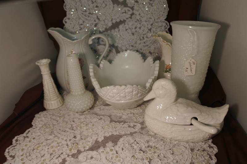 lot 3031 image: Collection of Milk Glass, MCcoy Pitcher, and Decorative Vintage Pitcher