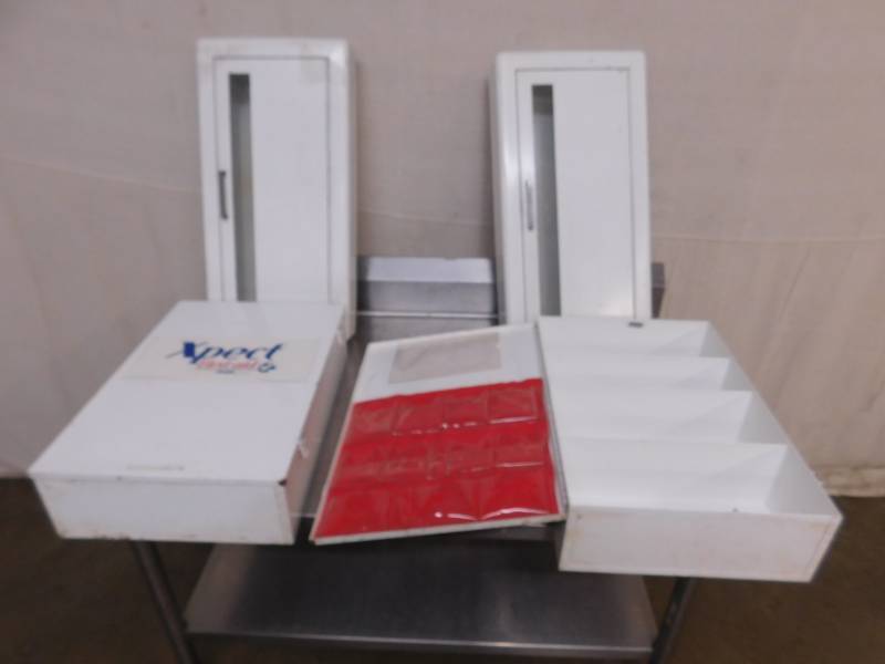 lot 2597 image: 2 First Aid Metal Boxes and 2 Fire Extenguisher Metal Boxes