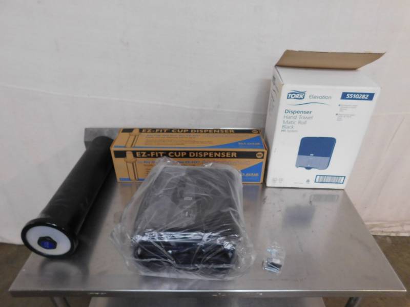 lot 2598 image: 2 EZ Fit Cup Dispensers and Tork Hand Towel Dispenser