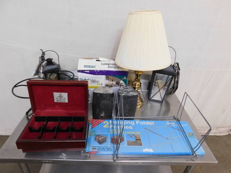lot 2602 image: Orchestral Wood Boxes, Outdoor Speakers, Electric Lamp and Hanging File Frames