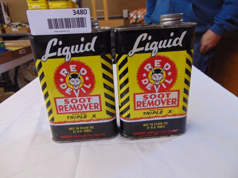 lot 3480 image: LOT OF 2 RED DEVIL SOOT REMOVER TIN CANS